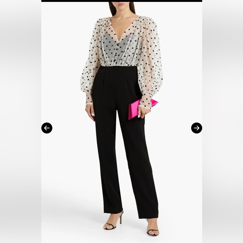 SALONI Bernadette Jumpsuit Embroidered Mesh Sheer Polka Dot Balloon Sleeve 10